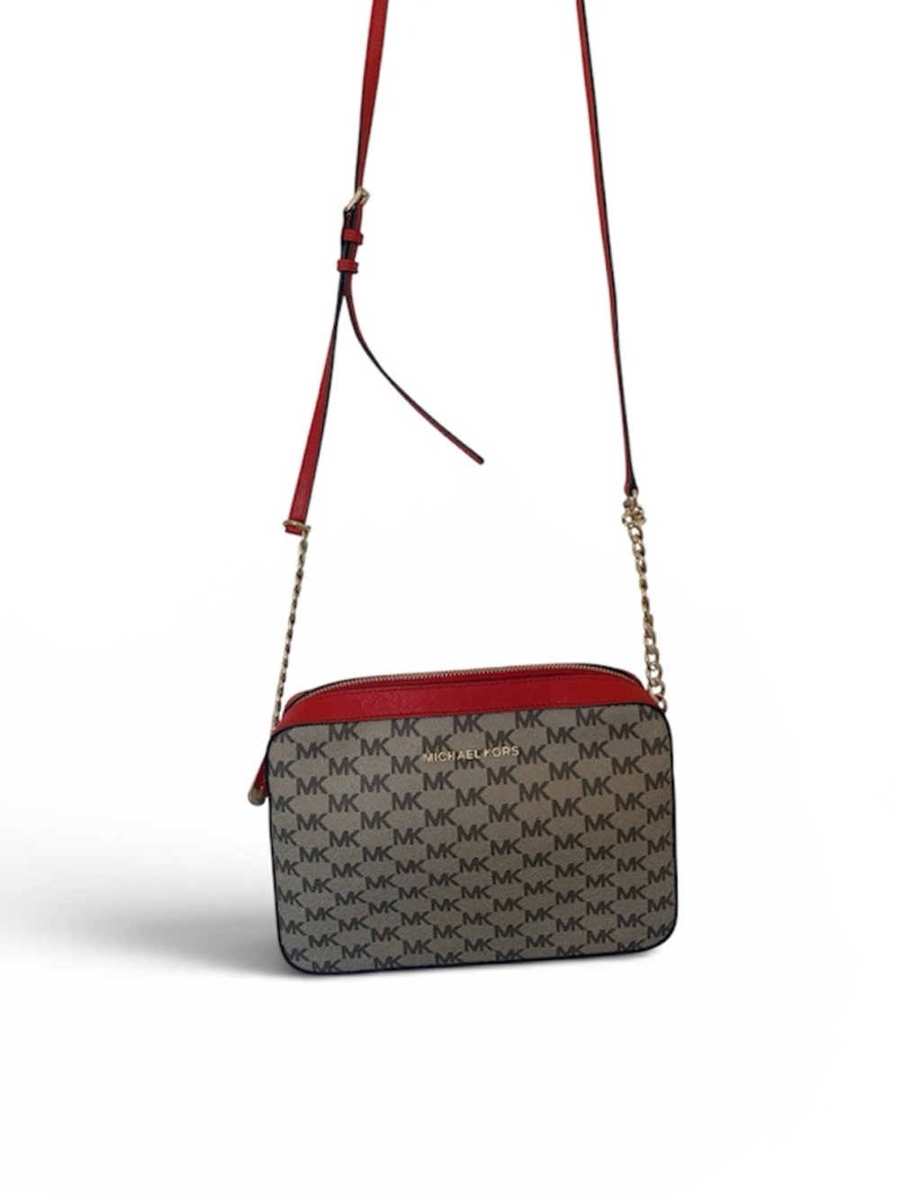 Michael Kors Beige MK Logo Crossbody with Red Trim